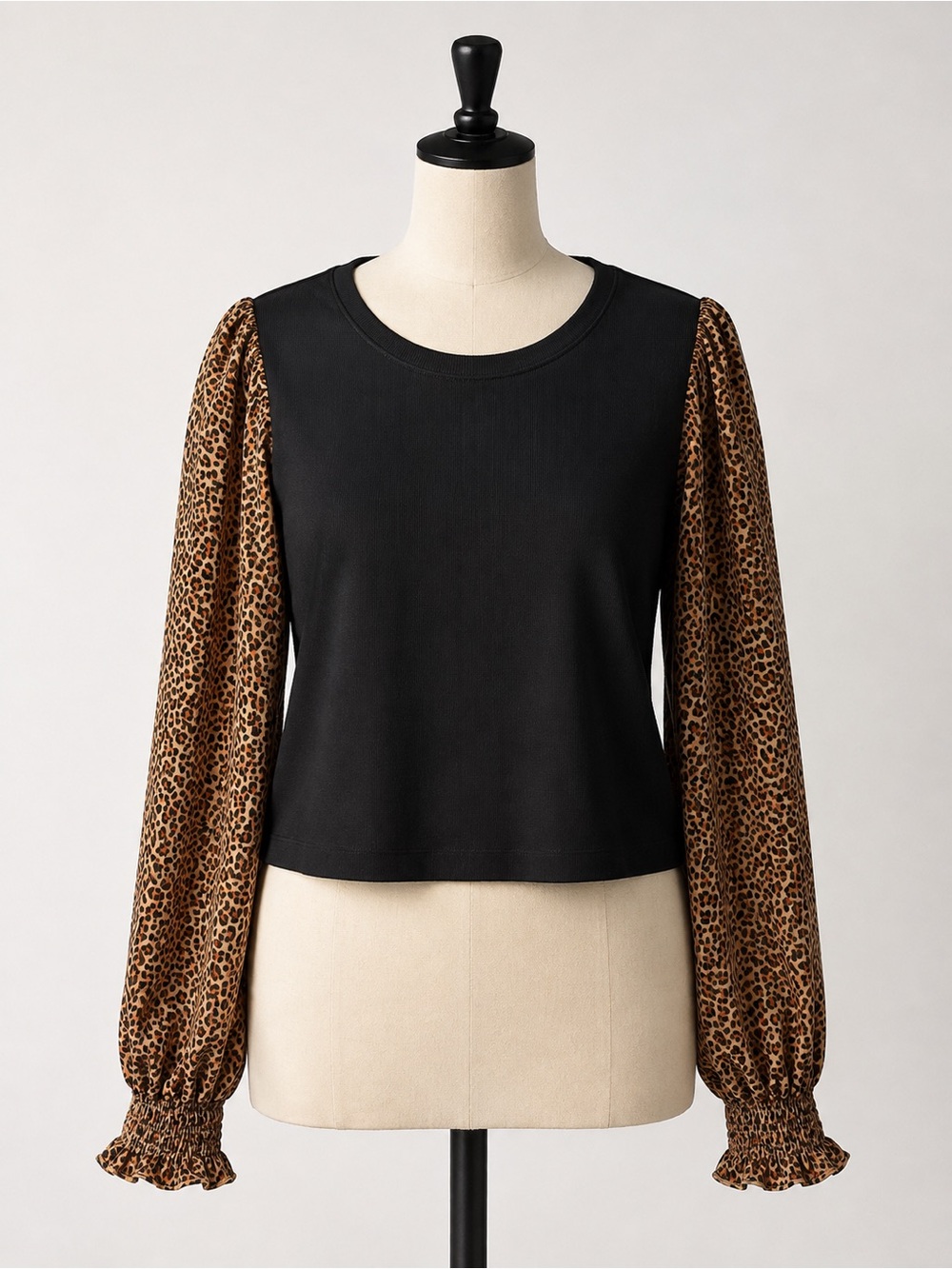 DKNY Black Tee with Leopard-Print Puff Sleeves